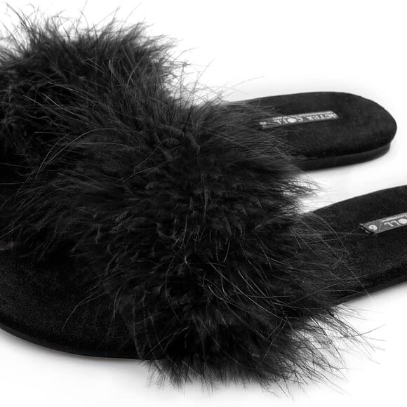 Women's Fuzzy Open Toe Slippers Memory Foam Feather Slides Indoor House Sandals - Picture 1 of 6